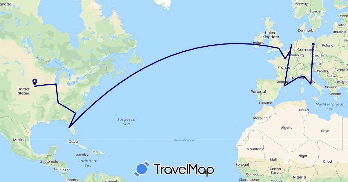 TravelMap itinerary: driving in Belgium, Germany, Spain, France, United Kingdom, Italy, Netherlands, United States (Europe, North America)